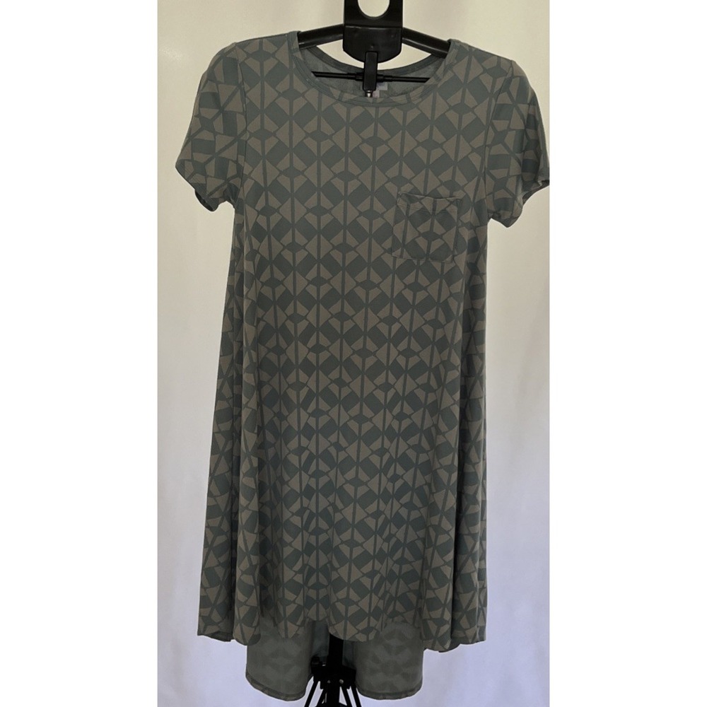 LuLaRoe Carly Dress Aqua Gray Geometric Stripe Knit Swing Midi Small